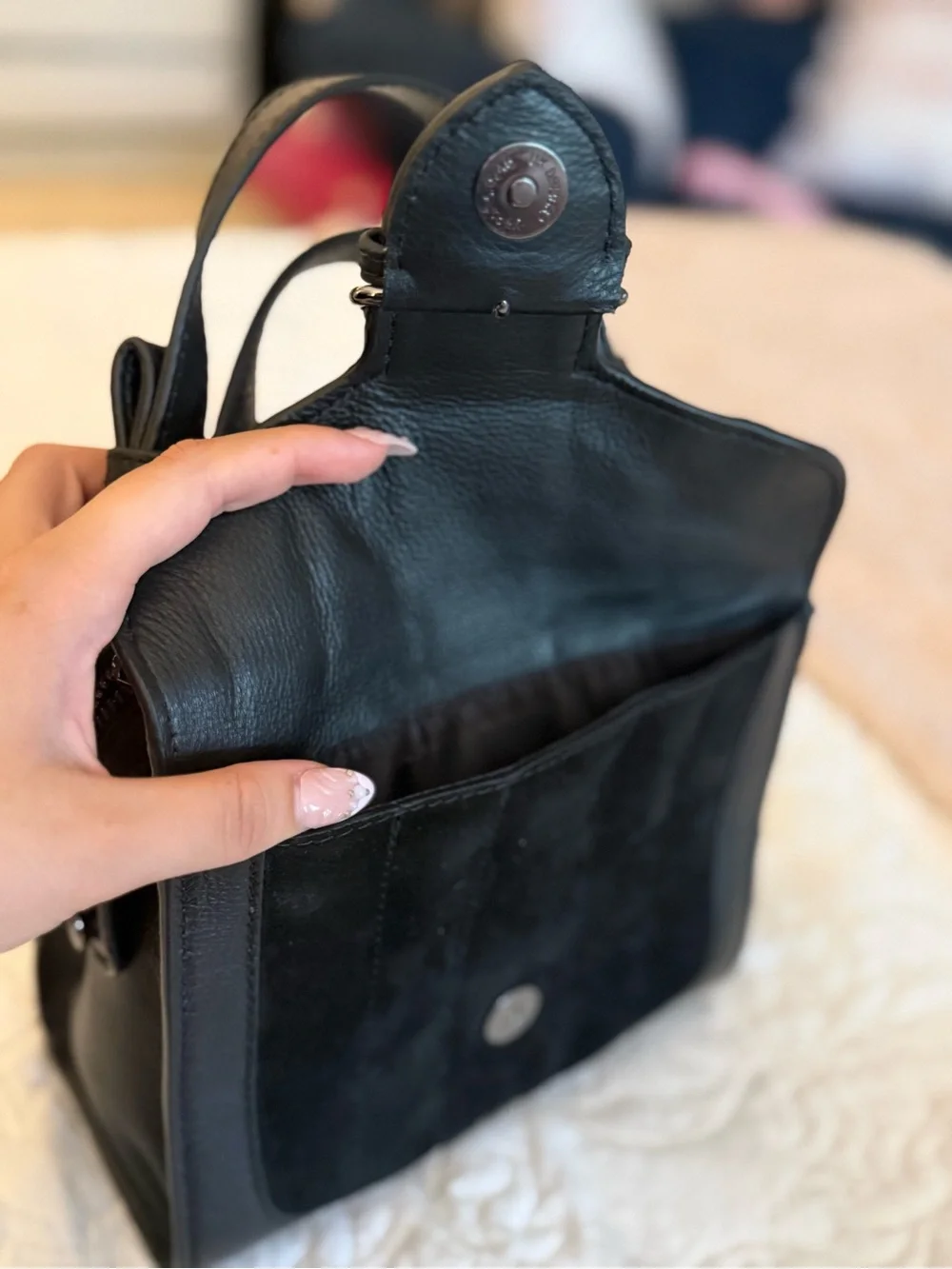 Black Suede Genuine Leather Bag with Black Rhodium Chain
